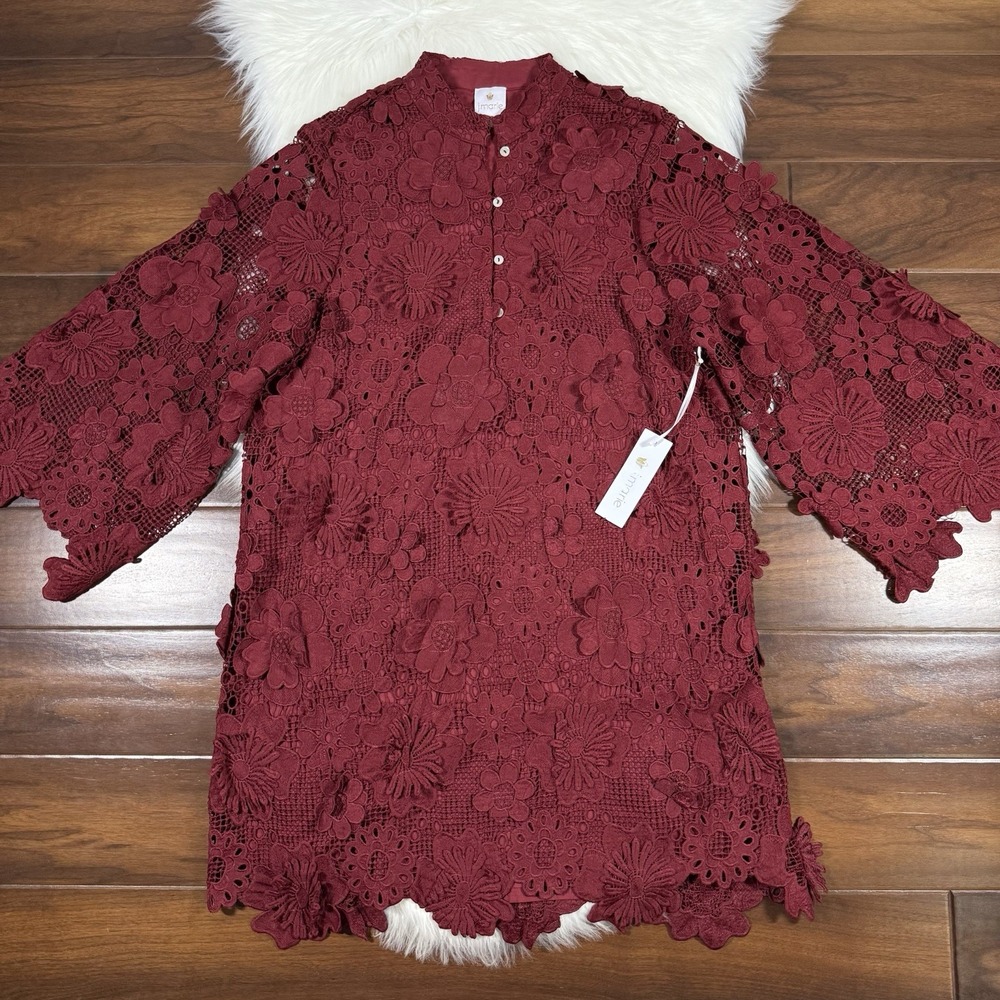 J.Marie Women's Size XS Red Wine Seraphina Floral 3D Lace Long Sleeve Dress